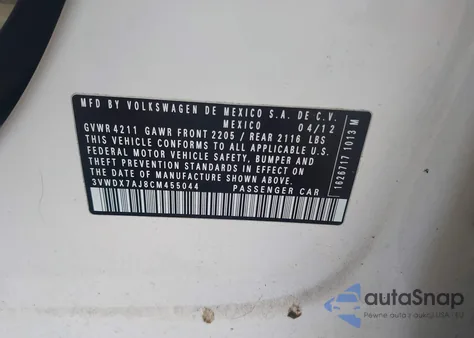 2012 Volkswagen Jetta 2.5L Se from USA, damaged, VIN 3VWDX7AJ8CM455044